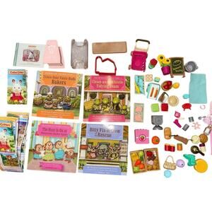 Calico critters & Little Woodzeez Lot of food Bakery, cars, books farmers market